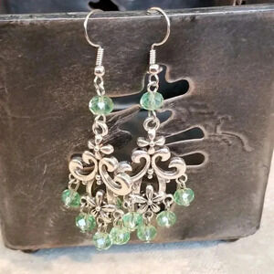 Victorian Green Faceted Crystal Art Nouveau Silver Scroll Chandelier Earrings